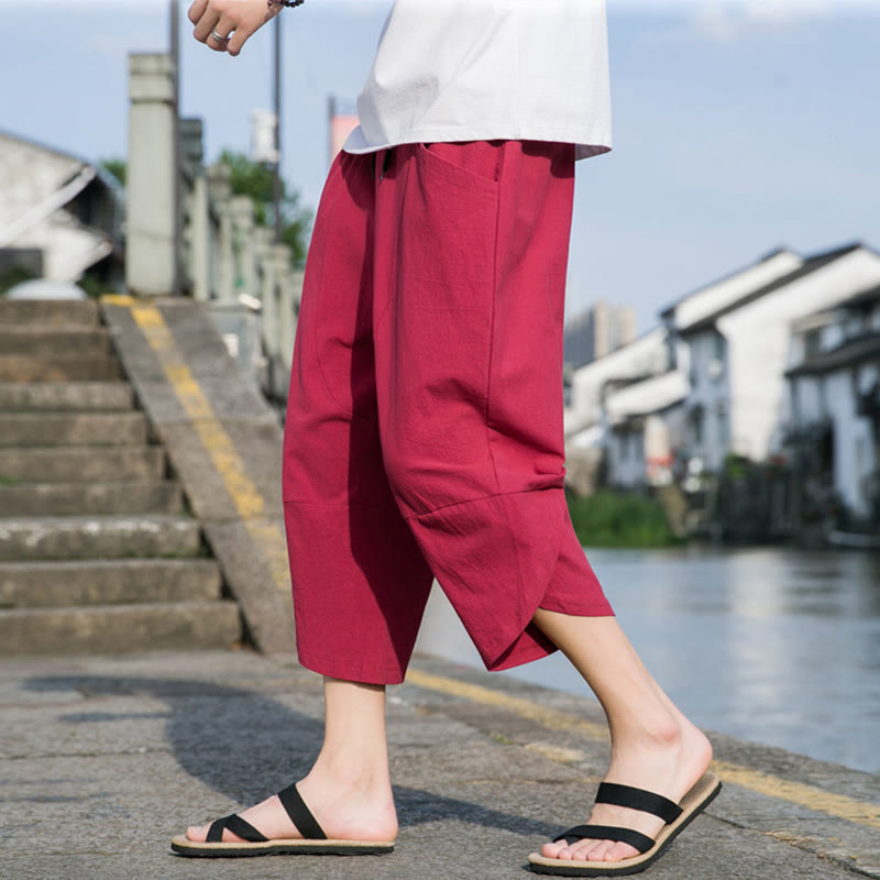 Pantalon d'été décontracté en coton et lin pour homme , Buddha Stones fuselée, simple et unie, avec cordon de serrage, longueur 7-8, avec poches - Cramoisi - US/UK/AU46，EU56 (5XL) - image 21