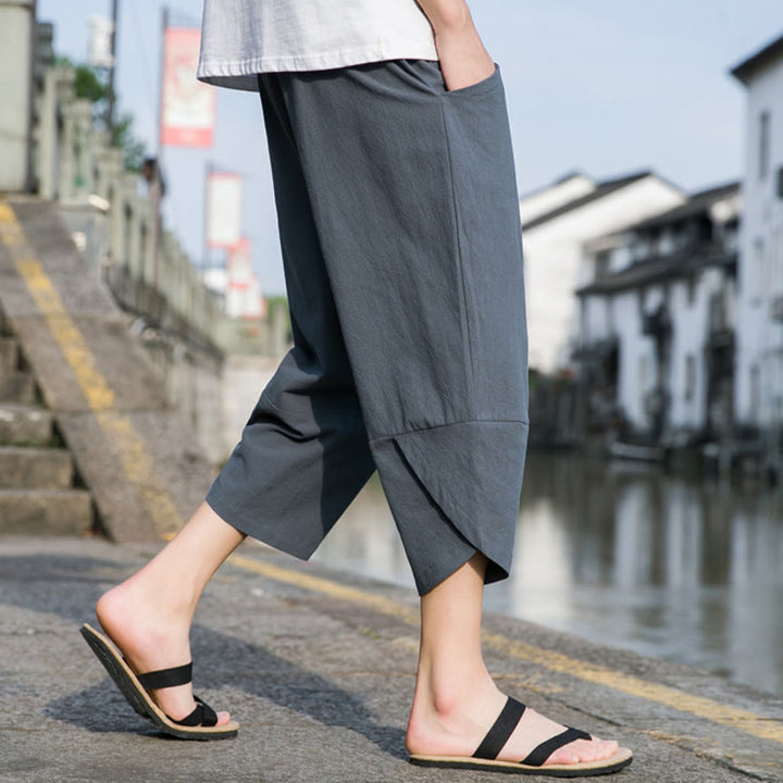 Pantalon d'été décontracté en coton et lin pour homme , Buddha Stones fuselée, simple et unie, avec cordon de serrage, longueur 7-8, avec poches - image 2