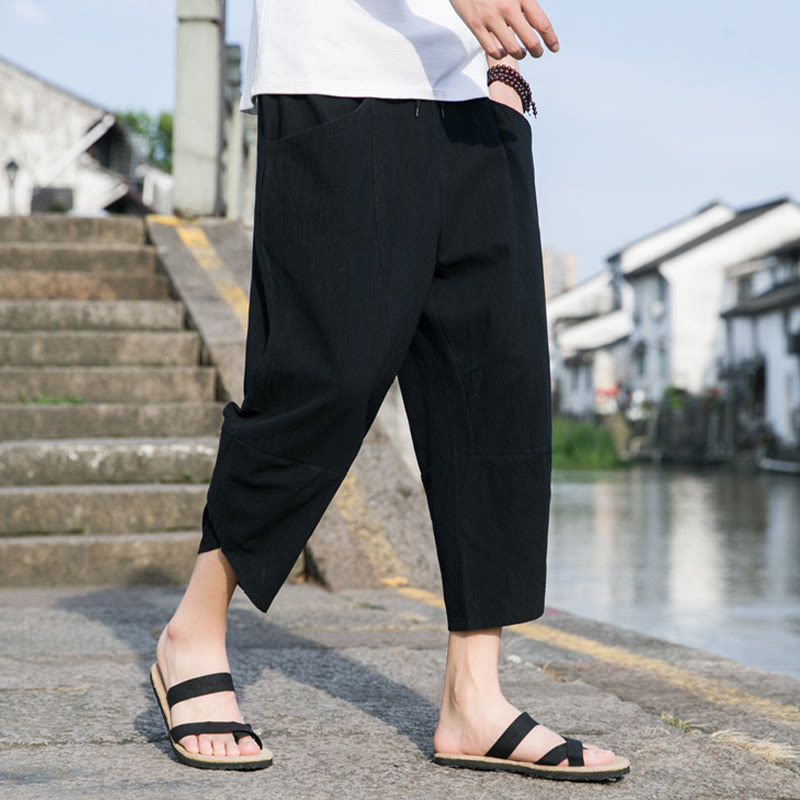 Pantalon d'été décontracté en coton et lin pour homme , Buddha Stones fuselée, simple et unie, avec cordon de serrage, longueur 7-8, avec poches - image 8