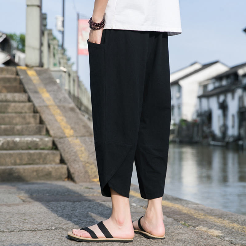 Pantalon d'été décontracté en coton et lin pour homme , Buddha Stones fuselée, simple et unie, avec cordon de serrage, longueur 7-8, avec poches - image 7