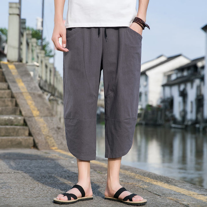 Pantalon d'été décontracté en coton et lin pour homme , Buddha Stones fuselée, simple et unie, avec cordon de serrage, longueur 7-8, avec poches - image 12
