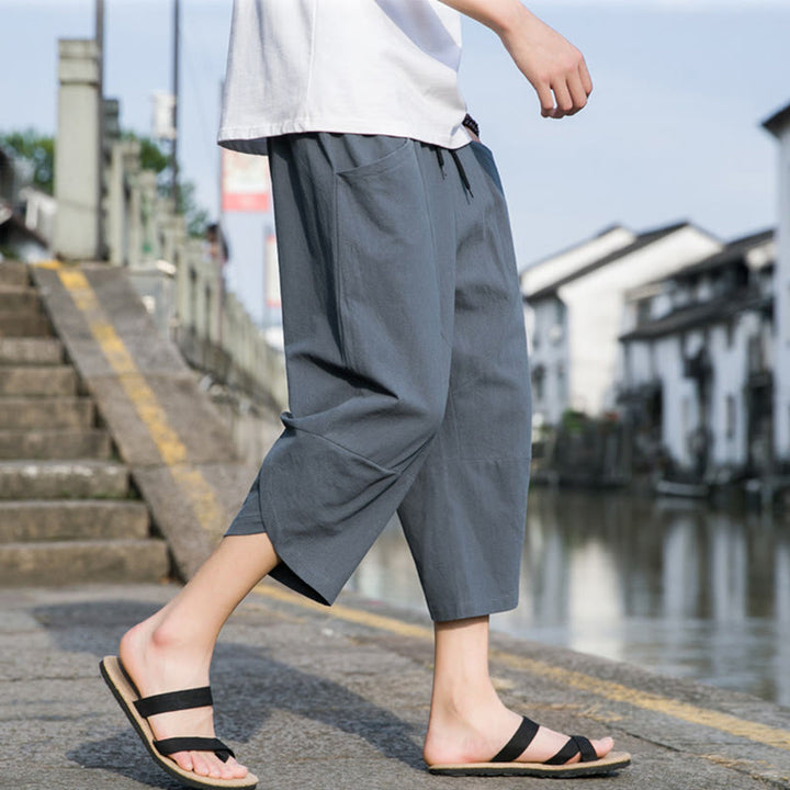 Pantalon d'été décontracté en coton et lin pour homme , Buddha Stones fuselée, simple et unie, avec cordon de serrage, longueur 7-8, avec poches - image 3