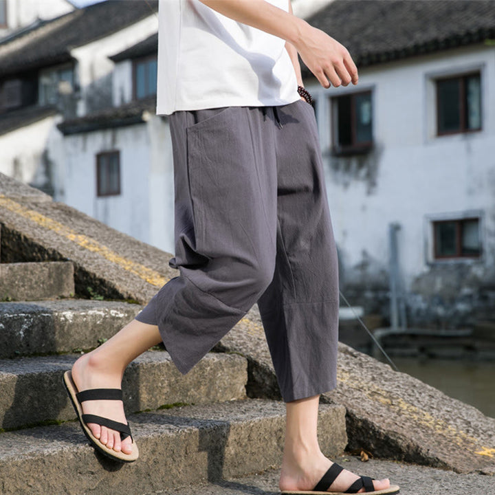 Pantalon d'été décontracté en coton et lin pour homme , Buddha Stones fuselée, simple et unie, avec cordon de serrage, longueur 7-8, avec poches - image 10