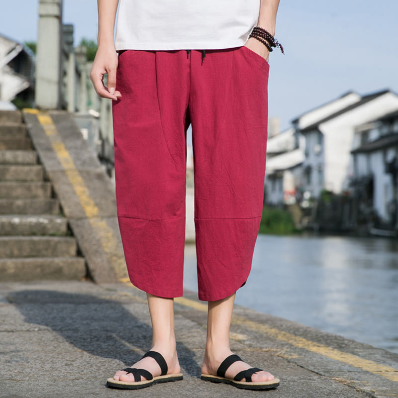 Pantalon d'été décontracté en coton et lin pour homme , Buddha Stones fuselée, simple et unie, avec cordon de serrage, longueur 7-8, avec poches - image 22