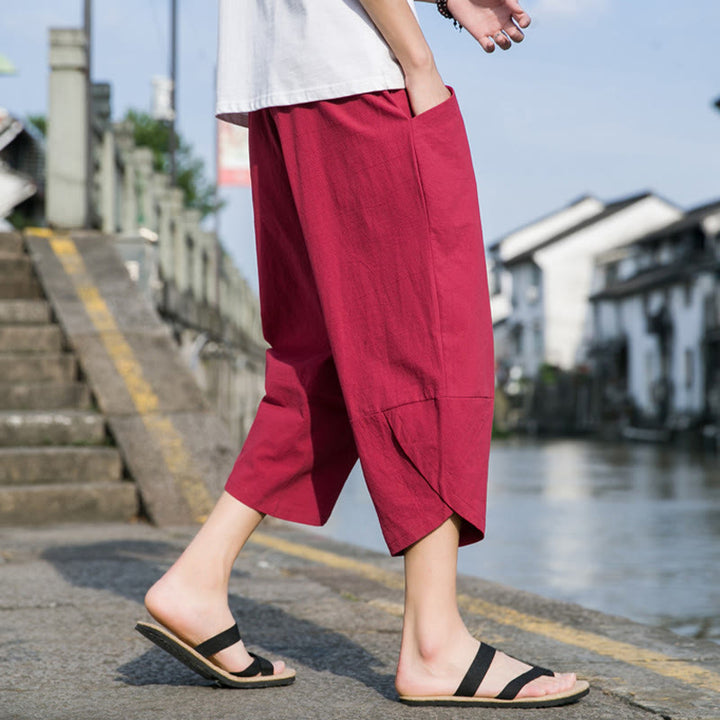 Pantalon d'été décontracté en coton et lin pour homme , Buddha Stones fuselée, simple et unie, avec cordon de serrage, longueur 7-8, avec poches - image 23