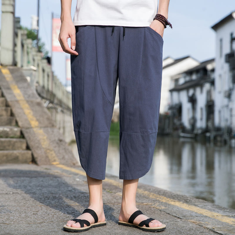 Pantalon d'été décontracté en coton et lin pour homme , Buddha Stones fuselée, simple et unie, avec cordon de serrage, longueur 7-8, avec poches - image 15