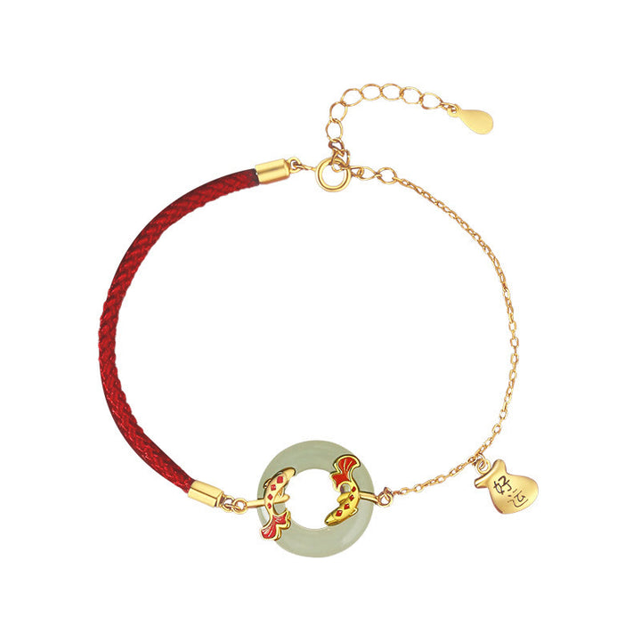 Bracelet porte-bonheur en argent sterling 999 avec double poisson Koi en jade blanc Hetian et Buddha Stones