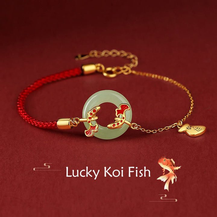 Bracelet porte-bonheur en argent sterling 999 avec double poisson Koi en jade blanc Hetian et Buddha Stones - Poisson Koi (Chance ♥ Prospérité) (Tour de poignet 14-16 cm) - image 0
