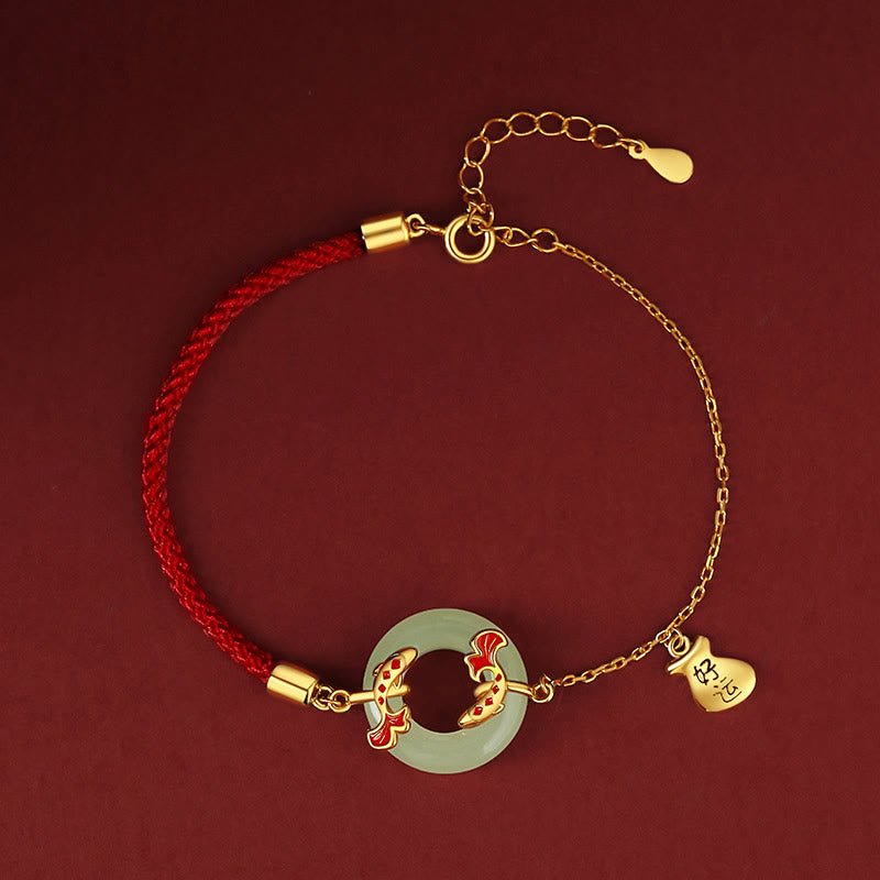 Bracelet porte-bonheur en argent sterling 999 avec double poisson Koi en jade blanc Hetian et Buddha Stones