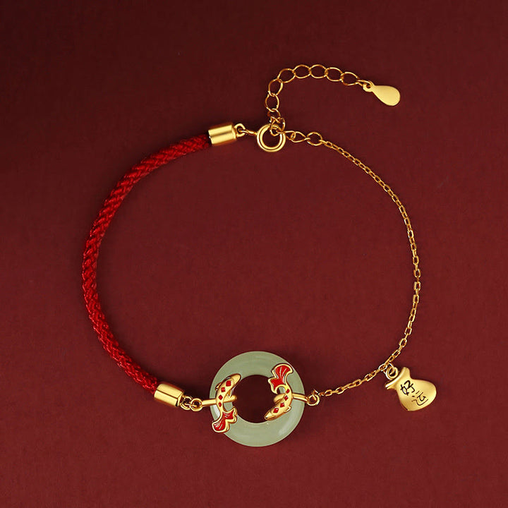 Bracelet porte-bonheur en argent sterling 999 avec double poisson Koi en jade blanc Hetian et Buddha Stones
