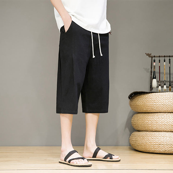 Pantalon Buddha Stones décontracté d'été en coton et lin pour homme, couleur unie, avec cordon de serrage et poches - image 15