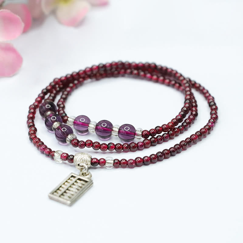 Bracelet triple tour en Buddha Stones, grenat naturel, boulier éléphant, porte-bonheur, protection PiXiu