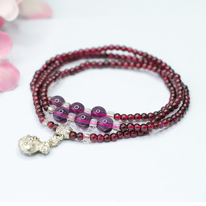 Bracelet triple tour en Buddha Stones, grenat naturel, boulier éléphant, porte-bonheur, protection PiXiu
