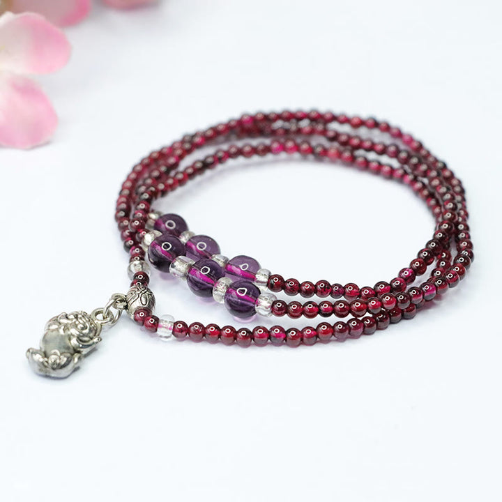 Bracelet triple tour en Buddha Stones, grenat naturel, boulier éléphant, porte-bonheur, protection PiXiu