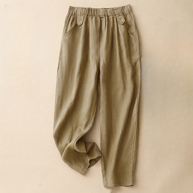 Pantalon Buddha Stones d'été décontracté en coton et lin pour femme, longueur 7-8, boutons, poches - Tanné - US8-10，UK/AU12-14，EU40-42 (2XL) - image 0