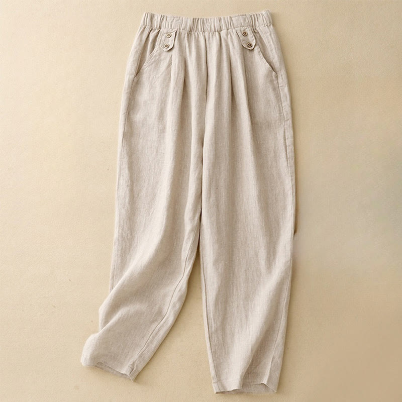 Pantalon Buddha Stones d'été décontracté en coton et lin pour femme, longueur 7-8, boutons, poches - Beige - US8-10，UK/AU12-14，EU40-42 (2XL) - image 10