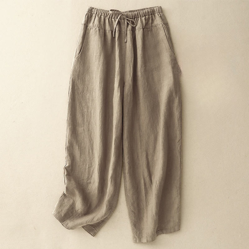 Pantalon Buddha Stones d'été décontracté en coton et lin avec poches pour femme, longueur 7-8, à lacets - Tanné - US8-10，UK/AU12-14，EU40-42 (2XL) - image 0