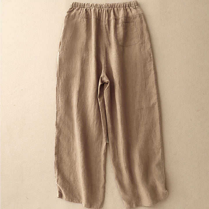 Pantalon Buddha Stones d'été décontracté en coton et lin avec poches pour femme, longueur 7-8, à lacets - image 1