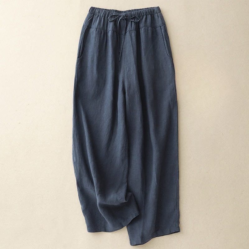 Pantalon Buddha Stones d'été décontracté en coton et lin avec poches pour femme, longueur 7-8, à lacets
