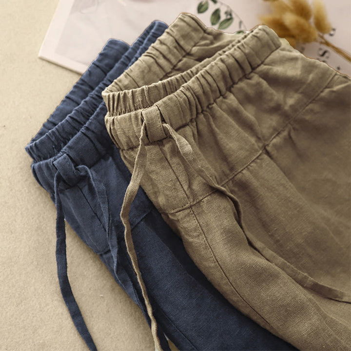 Pantalon Buddha Stones d'été décontracté en coton et lin avec poches pour femme, longueur 7-8, à lacets
