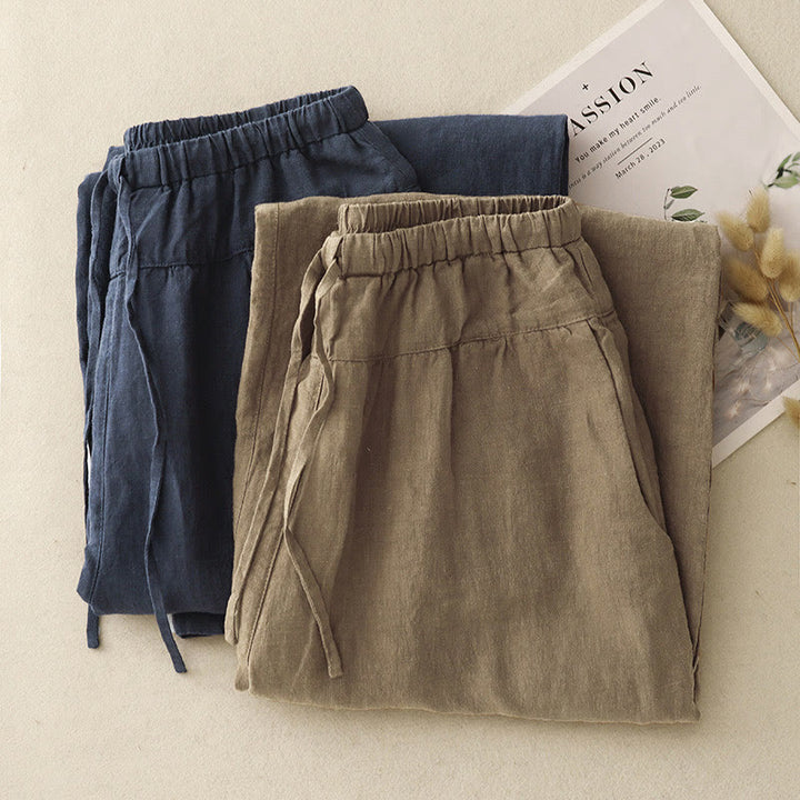 Pantalon Buddha Stones d'été décontracté en coton et lin avec poches pour femme, longueur 7-8, à lacets