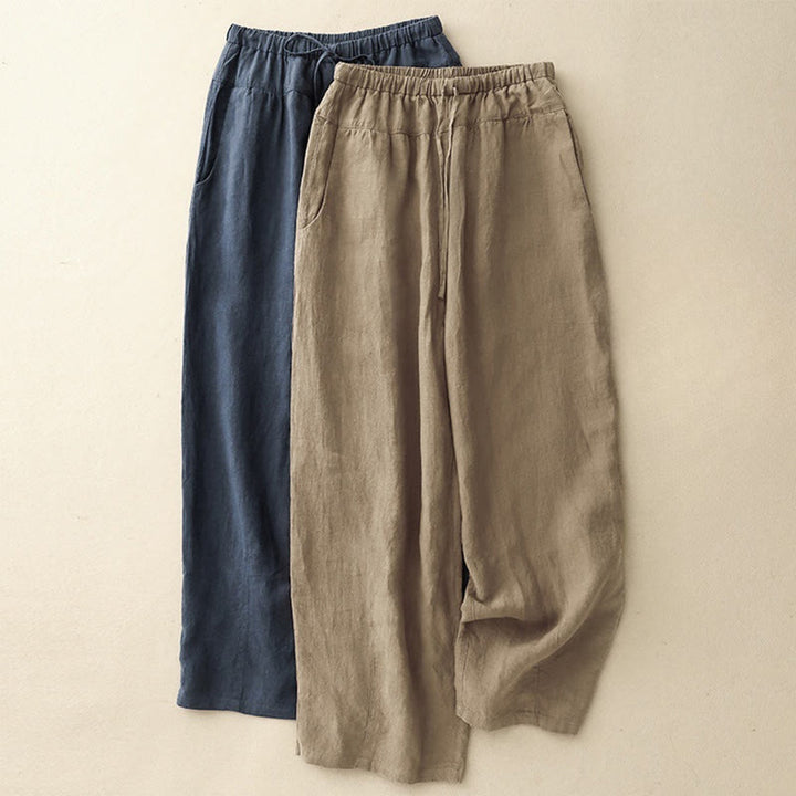 Pantalon Buddha Stones d'été décontracté en coton et lin avec poches pour femme, longueur 7-8, à lacets