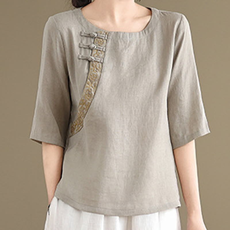 Chemise décontractée en coton et lin à manches mi-longues et col ras du cou avec boutons grenouille et motif floral brodé Buddha Stones pour femme - image 3