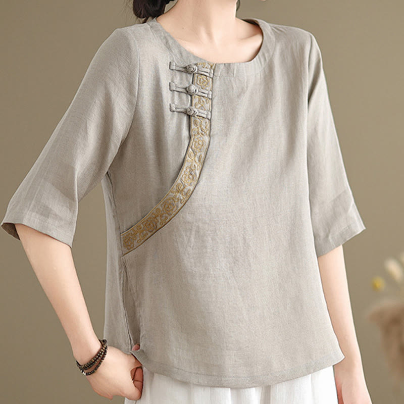 Chemise décontractée en coton et lin à manches mi-longues et col ras du cou avec boutons grenouille et motif floral brodé Buddha Stones pour femme - image 1