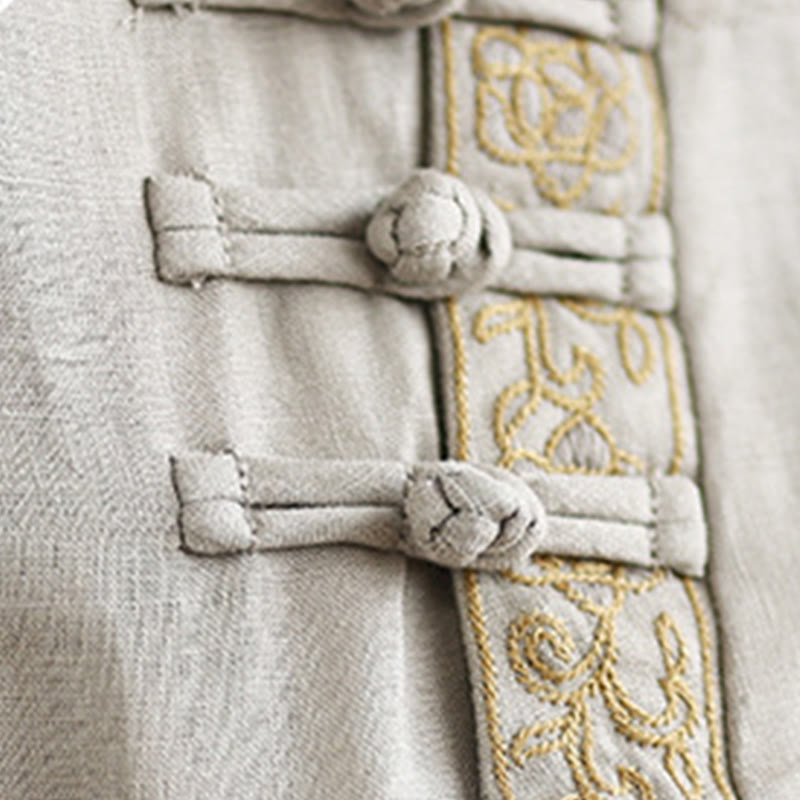 Chemise décontractée en coton et lin à manches mi-longues et col ras du cou avec boutons grenouille et motif floral brodé Buddha Stones pour femme - image 10