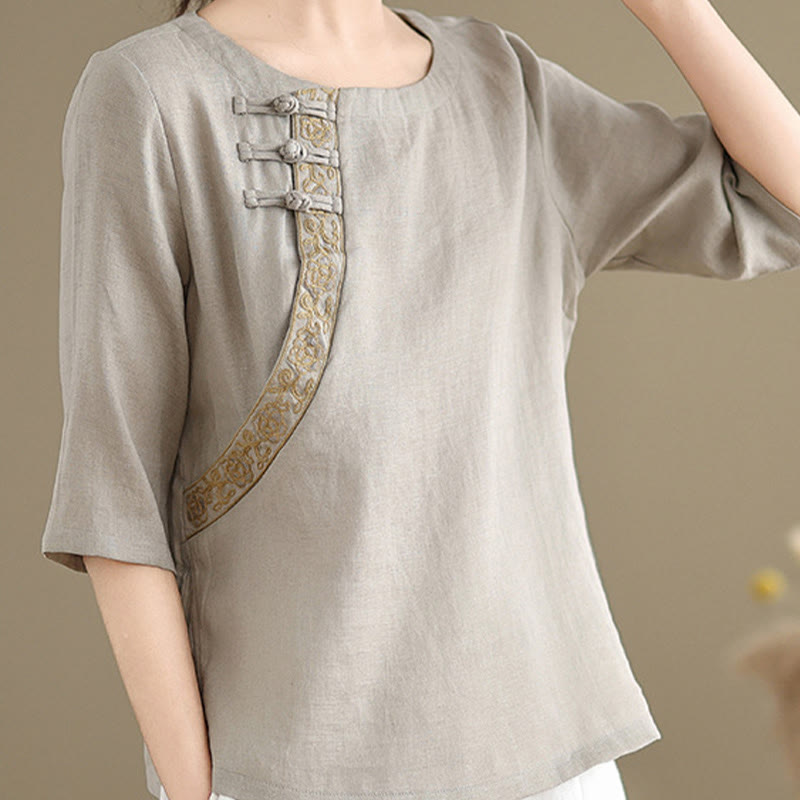 Chemise décontractée en coton et lin à manches mi-longues et col ras du cou avec boutons grenouille et motif floral brodé Buddha Stones pour femme - image 4