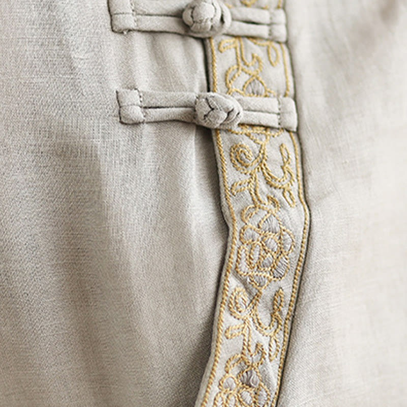 Chemise décontractée en coton et lin à manches mi-longues et col ras du cou avec boutons grenouille et motif floral brodé Buddha Stones pour femme - image 11