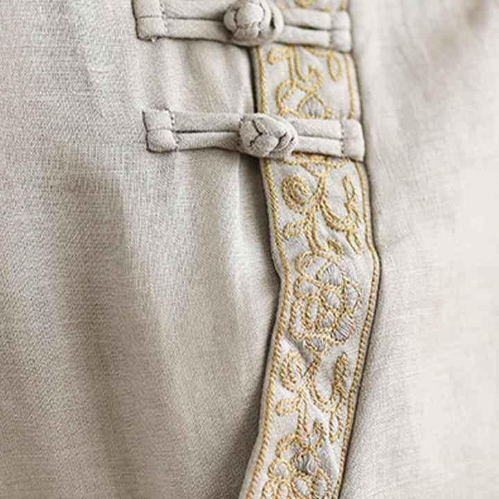 Chemise décontractée en coton et lin à manches mi-longues et col ras du cou avec boutons grenouille et motif floral brodé Buddha Stones pour femme - image 11