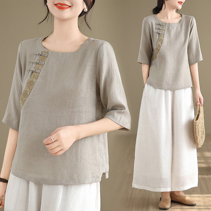 Chemise décontractée en coton et lin à manches mi-longues et col ras du cou avec boutons grenouille et motif floral brodé Buddha Stones pour femme - image 6