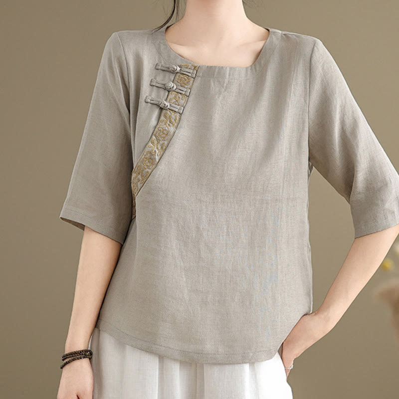 Chemise décontractée en coton et lin à manches mi-longues et col ras du cou avec boutons grenouille et motif floral brodé Buddha Stones pour femme - Gris foncé - US8-10，UK/AU12-14，EU40-42 (2XL) - image 0