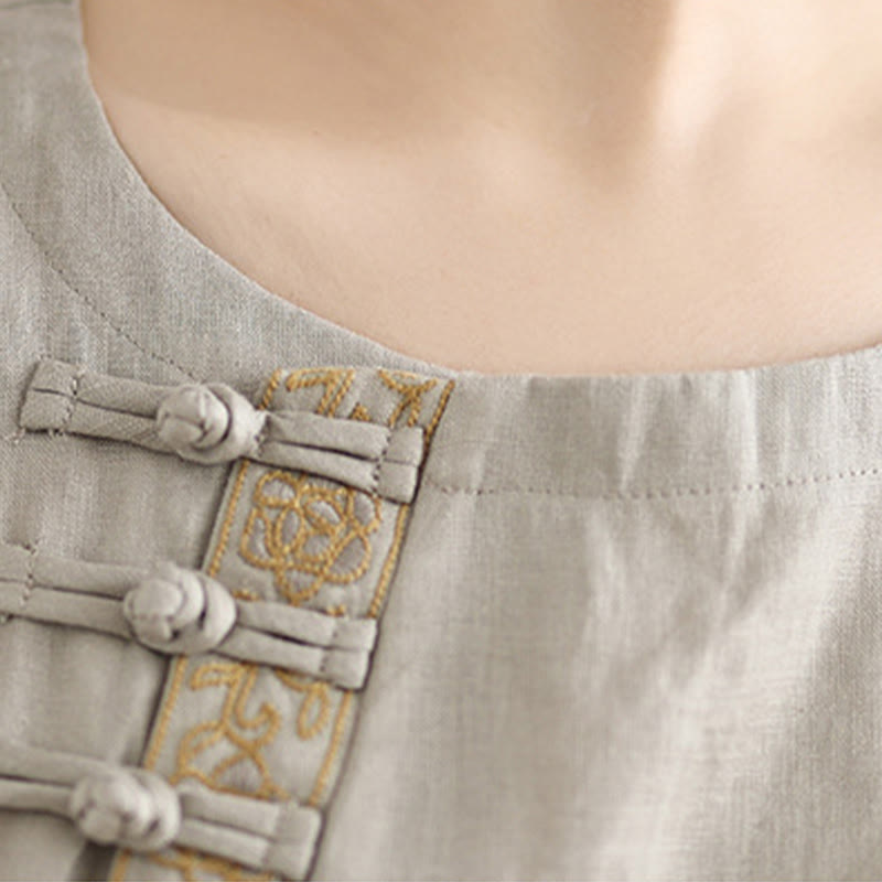 Chemise décontractée en coton et lin à manches mi-longues et col ras du cou avec boutons grenouille et motif floral brodé Buddha Stones pour femme - image 7