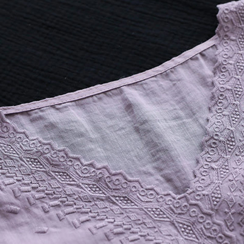 T-shirt d'été décontracté en coton et lin à manches mi-longues et col en V pour femme avec motif brodé Buddha Stones - image 2