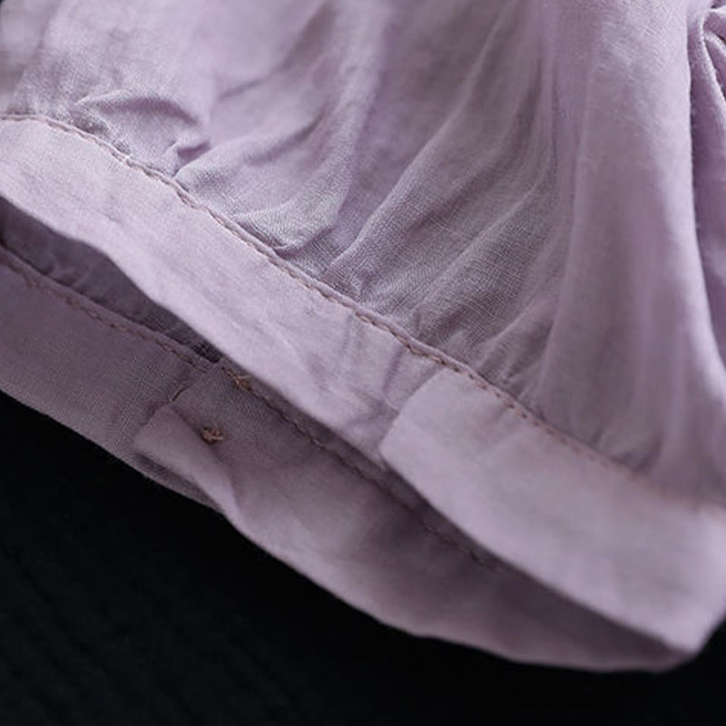 T-shirt d'été décontracté en coton et lin à manches mi-longues et col en V pour femme avec motif brodé Buddha Stones - image 1