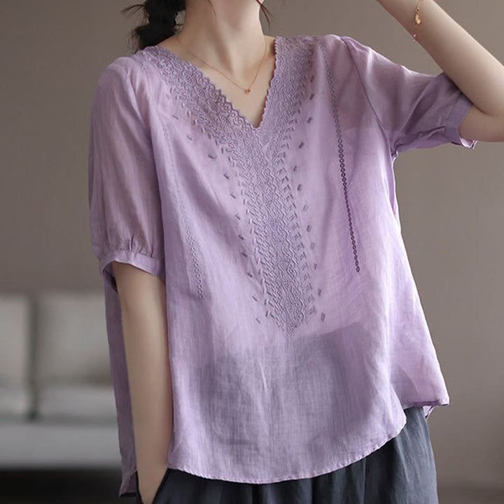 T-shirt d'été décontracté en coton et lin à manches mi-longues et col en V pour femme avec motif brodé Buddha Stones