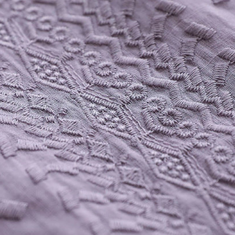 T-shirt d'été décontracté en coton et lin à manches mi-longues et col en V pour femme avec motif brodé Buddha Stones - image 3