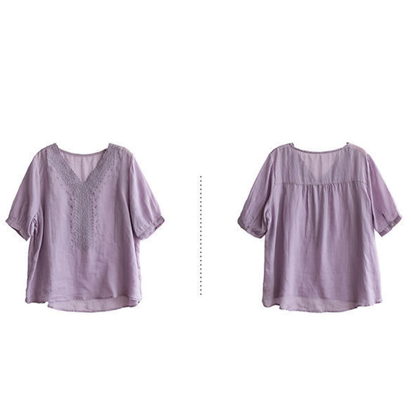 T-shirt d'été décontracté en coton et lin à manches mi-longues et col en V pour femme avec motif brodé Buddha Stones