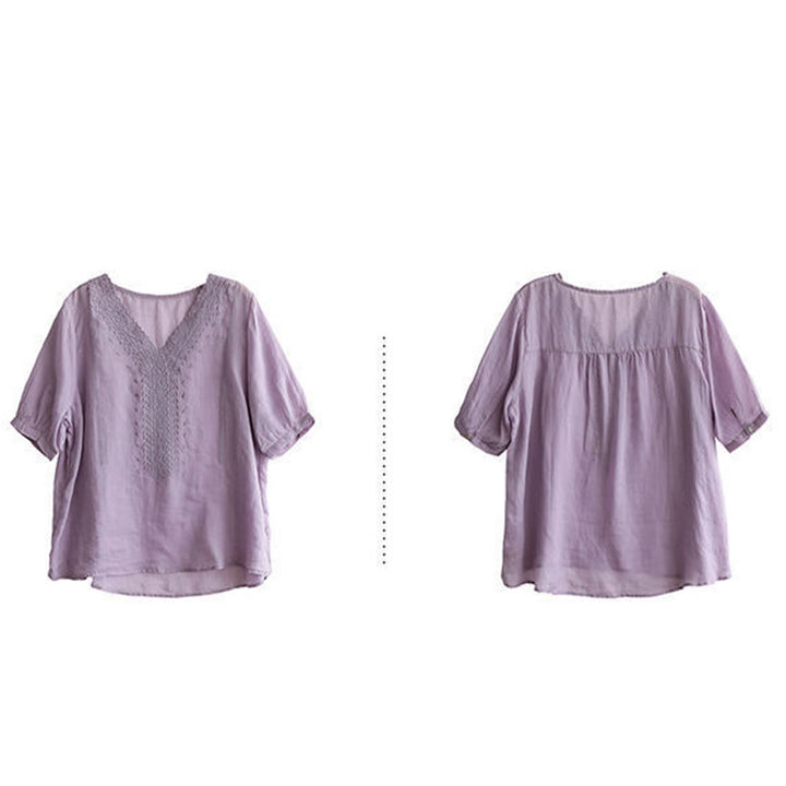 T-shirt d'été décontracté en coton et lin à manches mi-longues et col en V pour femme avec motif brodé Buddha Stones