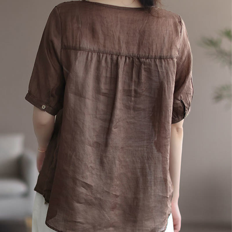 T-shirt d'été décontracté en coton et lin à manches mi-longues et col en V pour femme avec motif brodé Buddha Stones