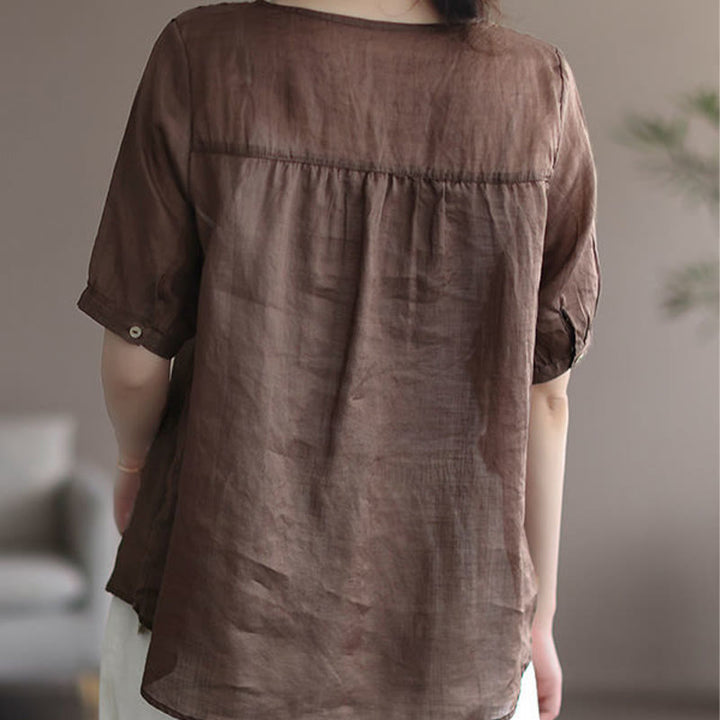 T-shirt d'été décontracté en coton et lin à manches mi-longues et col en V pour femme avec motif brodé Buddha Stones