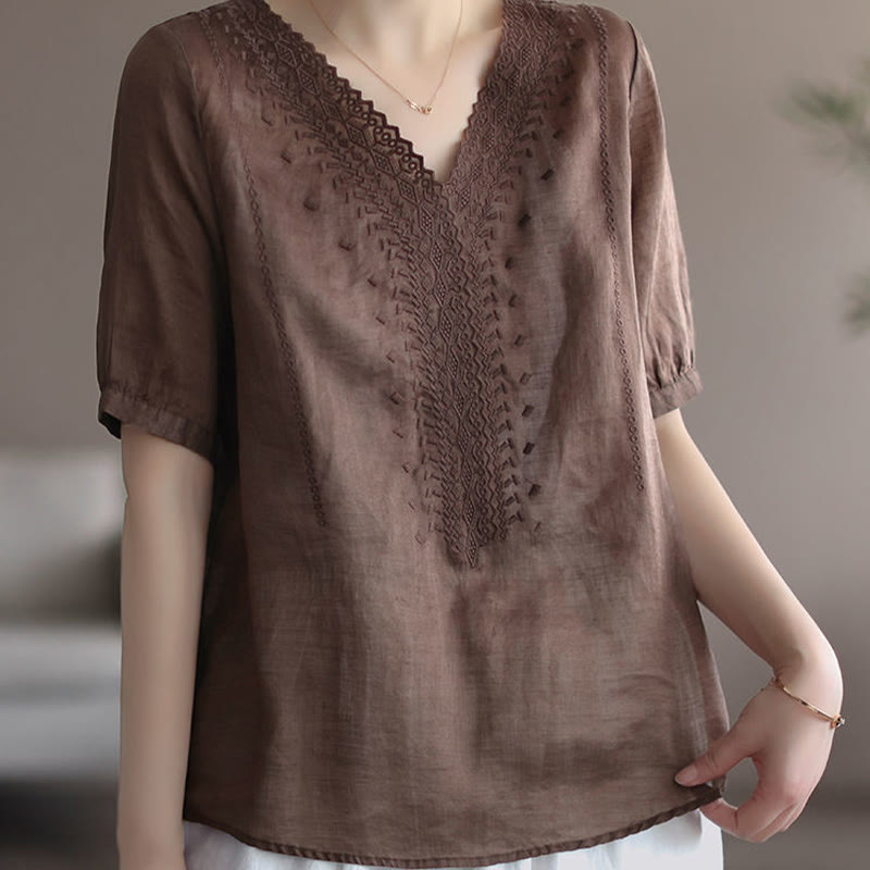 T-shirt d'été décontracté en coton et lin à manches mi-longues et col en V pour femme avec motif brodé Buddha Stones