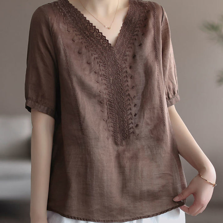 T-shirt d'été décontracté en coton et lin à manches mi-longues et col en V pour femme avec motif brodé Buddha Stones