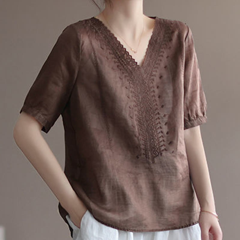 T-shirt d'été décontracté en coton et lin à manches mi-longues et col en V pour femme avec motif brodé Buddha Stones