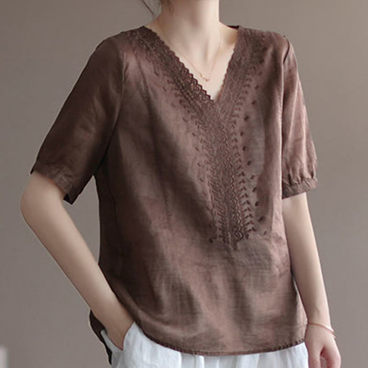 T-shirt d'été décontracté en coton et lin à manches mi-longues et col en V pour femme avec motif brodé Buddha Stones