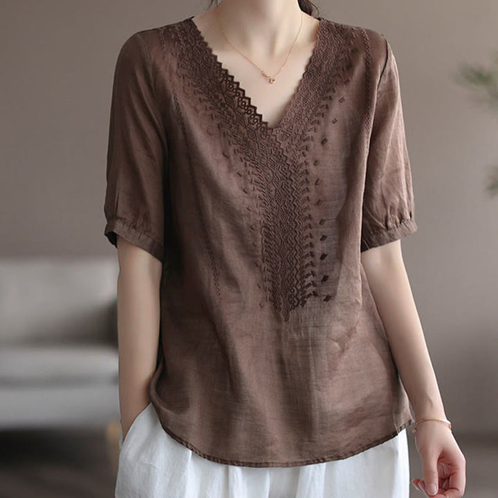 T-shirt d'été décontracté en coton et lin à manches mi-longues et col en V pour femme avec motif brodé Buddha Stones