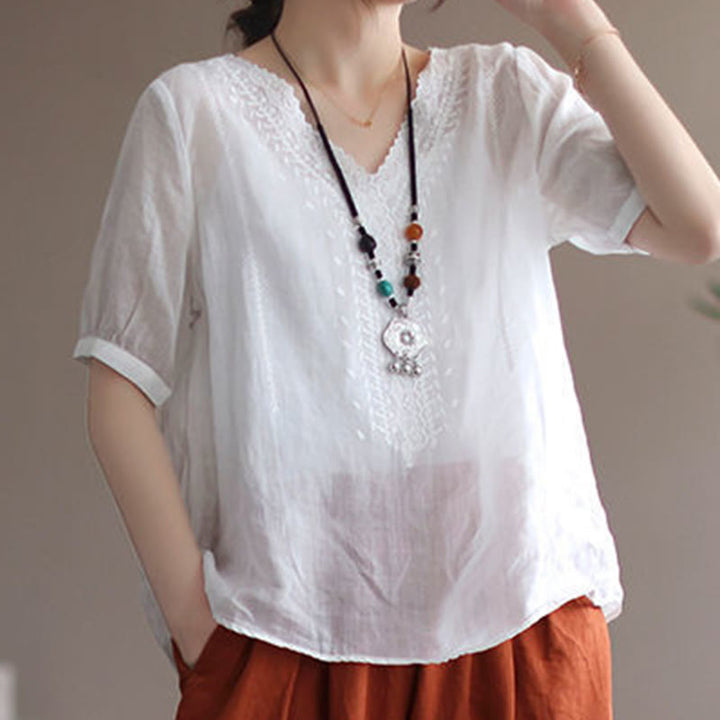 T-shirt d'été décontracté en coton et lin à manches mi-longues et col en V pour femme avec motif brodé Buddha Stones