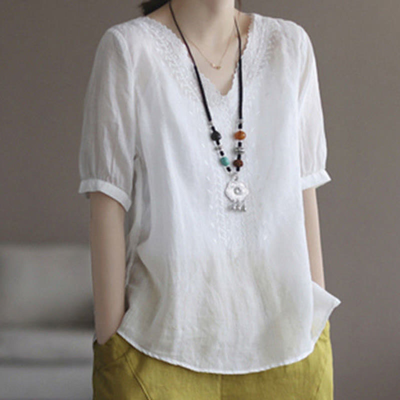 T-shirt d'été décontracté en coton et lin à manches mi-longues et col en V pour femme avec motif brodé Buddha Stones